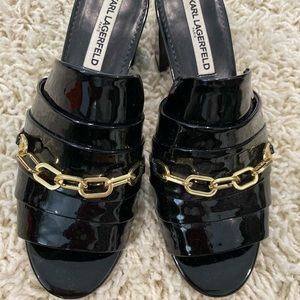 Karl Lagerfeld Black Patent Mules Slides with Block heel